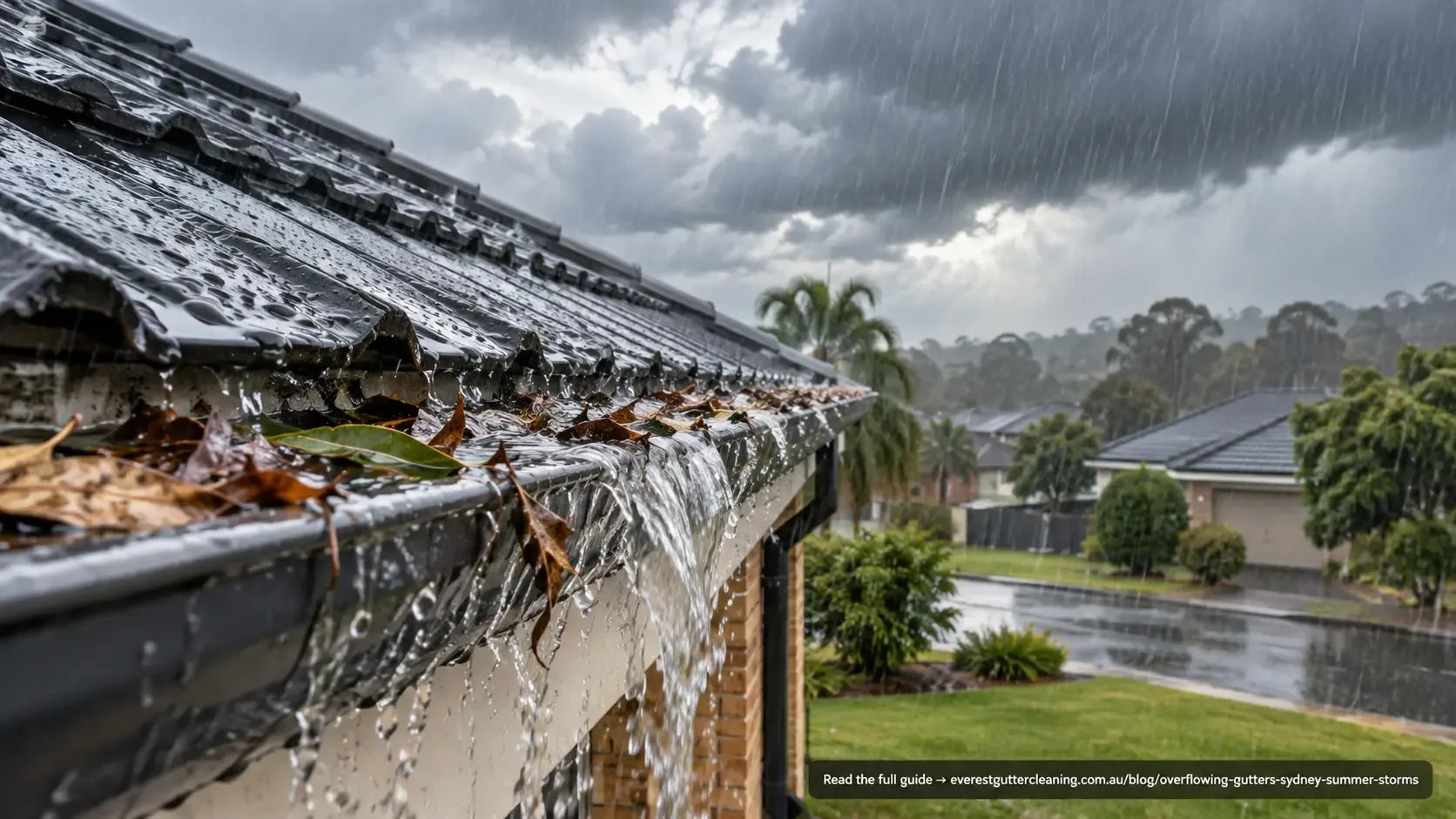 Gutter overflowing during a heavy summer storm in Sydney