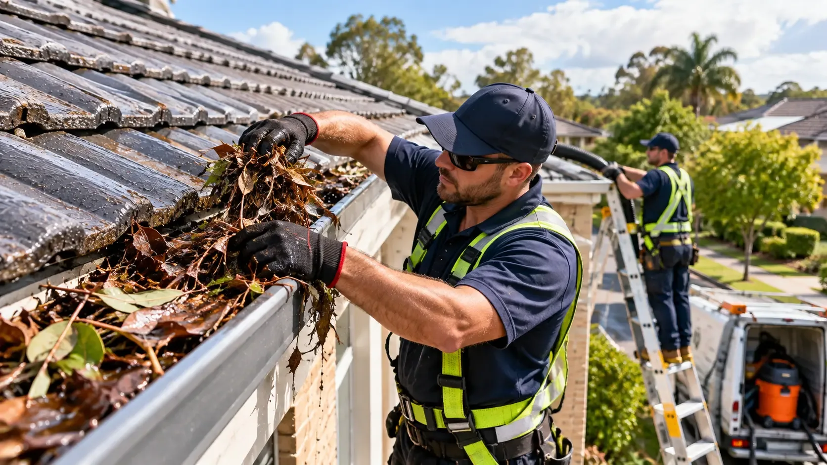 Professional gutter cleaning team removing leaves and debris from a residential roof gutter in Camden, NSW.