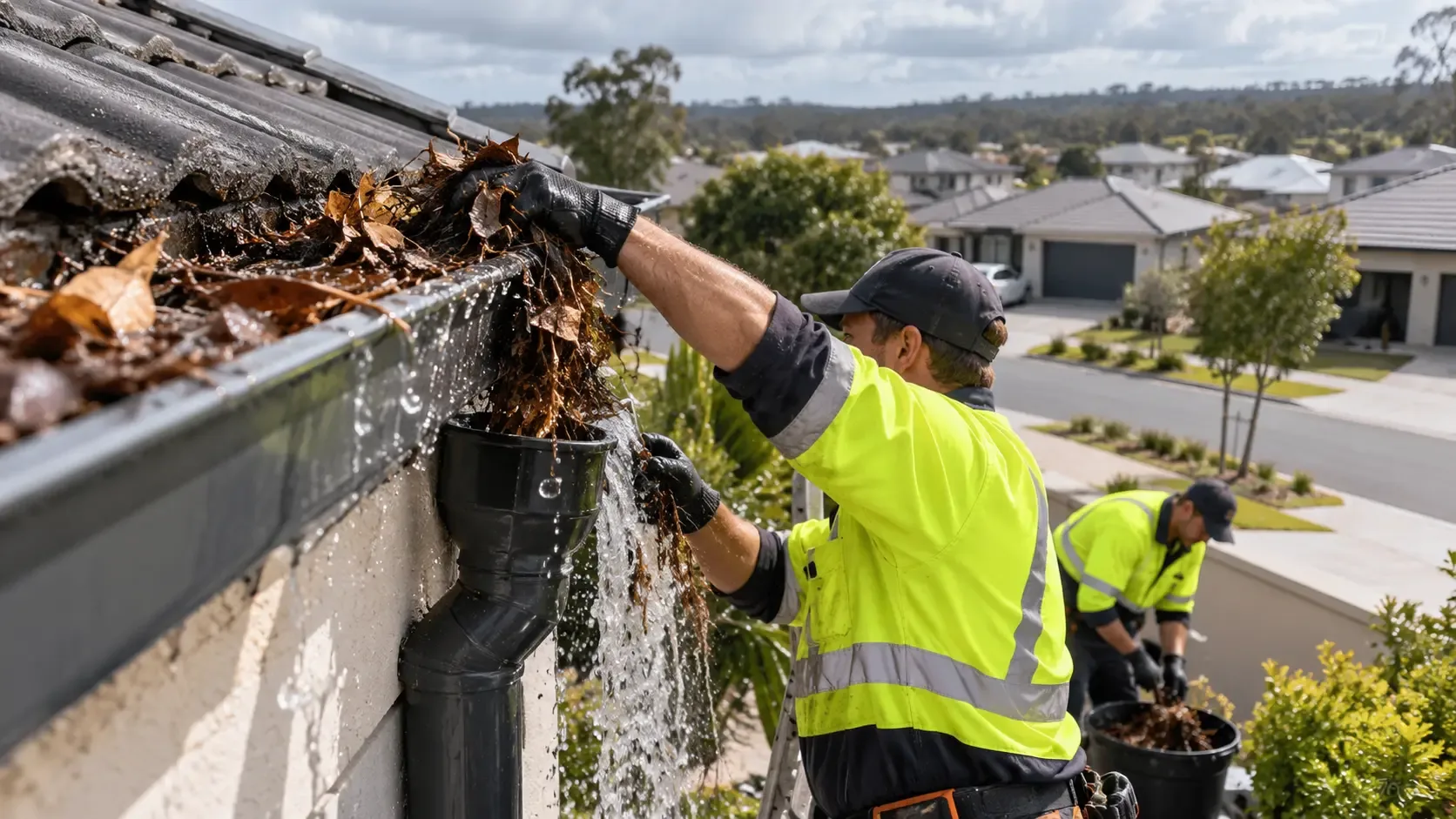 Professional gutter cleaning worker clearing blocked downpipes and removing wet leaves from a residential gutter in Gregory Hills, NSW.