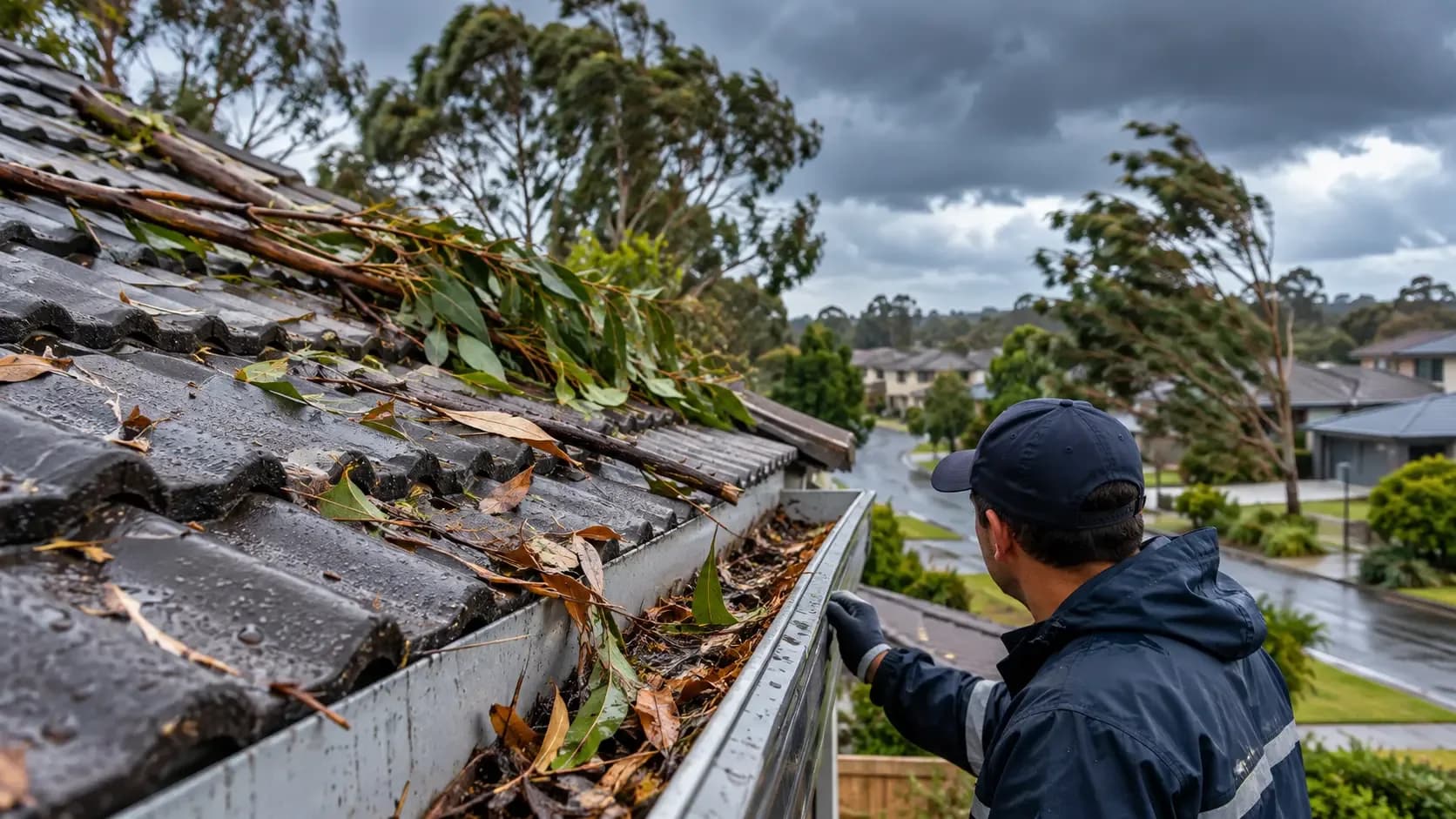 Strong winds in Sydney leaving roof tiles and gutters covered with fallen leaves and branches after a storm.